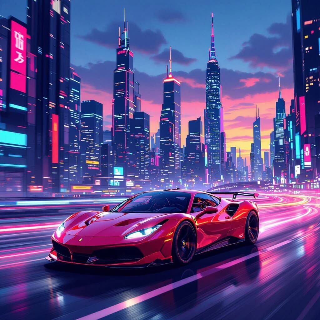 Ferrari Races Through Neon Cityscape in Futuristic Style