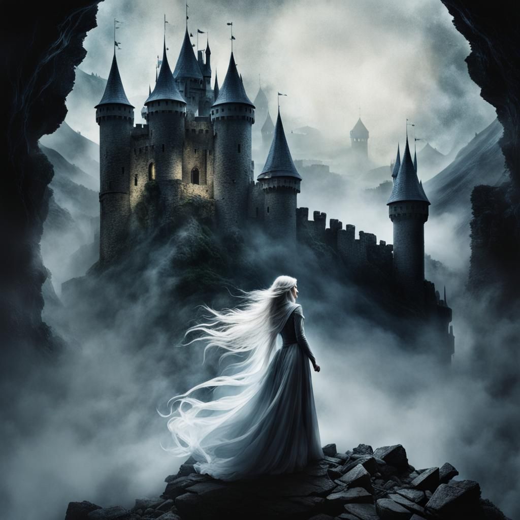 Ethereal Woman Haunts Castle in Fantasy Double Exposure