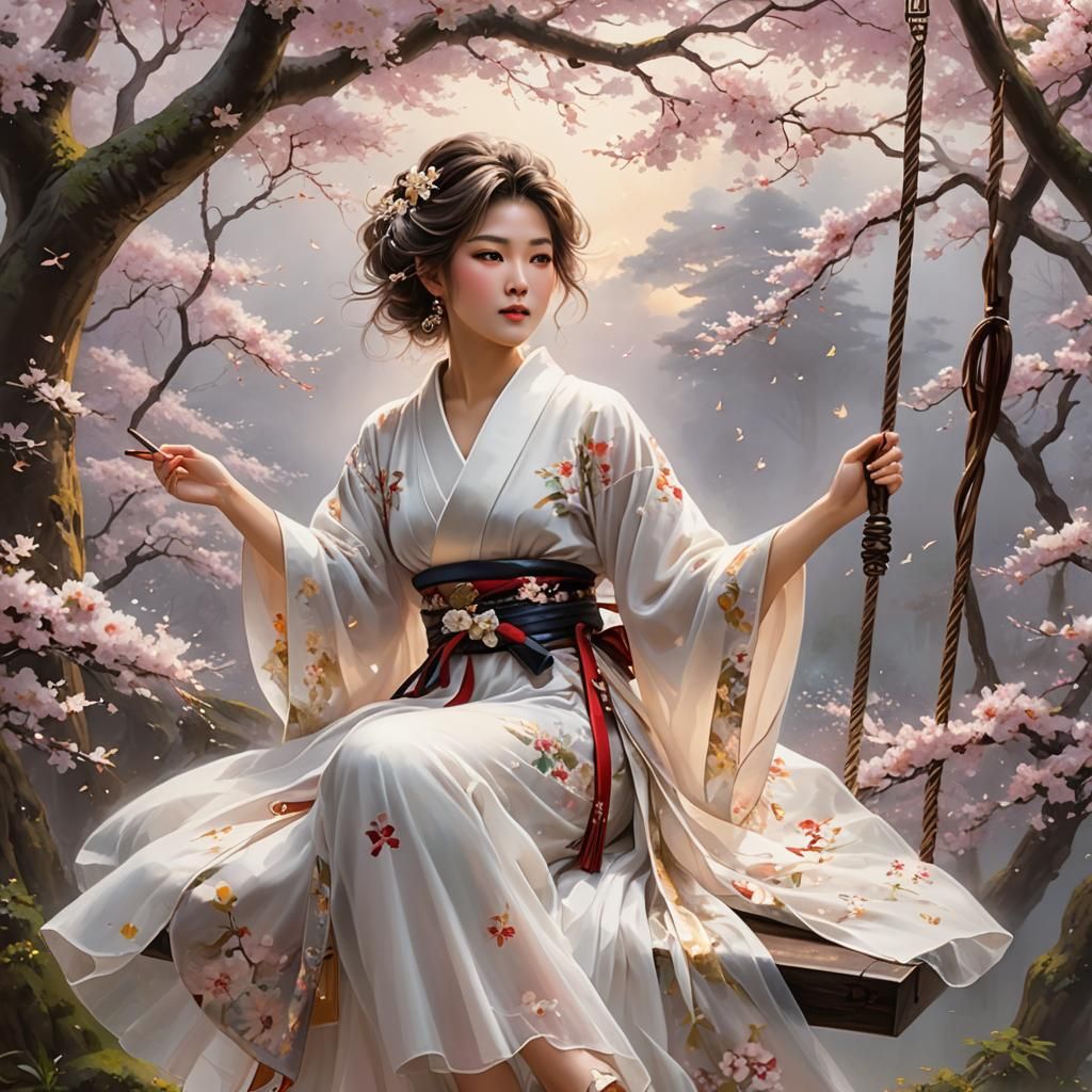 Ethereal Japanese Lady in Kimono with Sakura