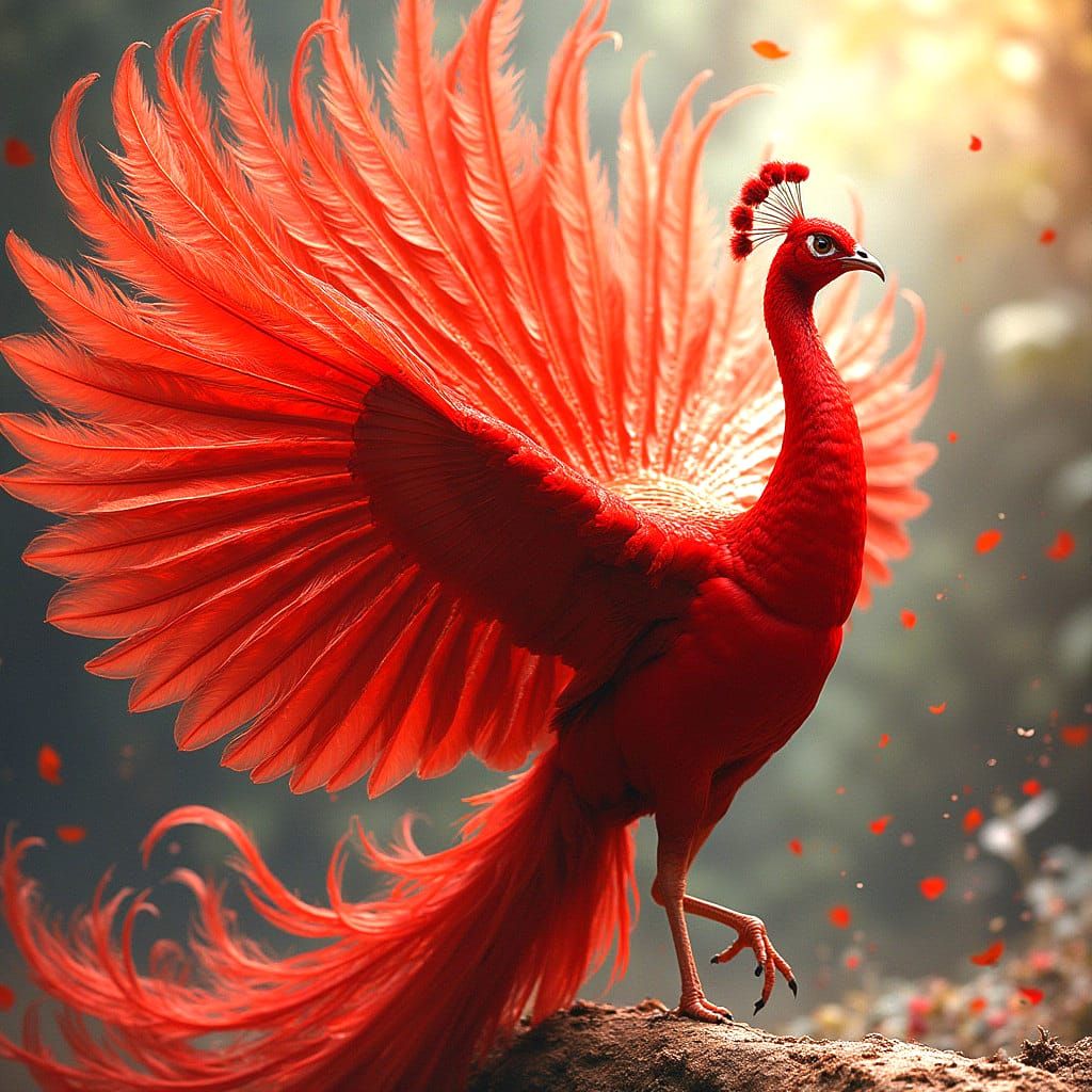 Stunning Red Peacock in Flight