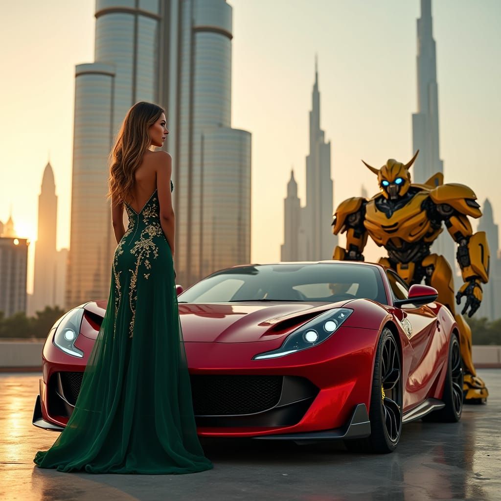 Luxury Futuristic Scene with Woman, Ferrari, and Autobot