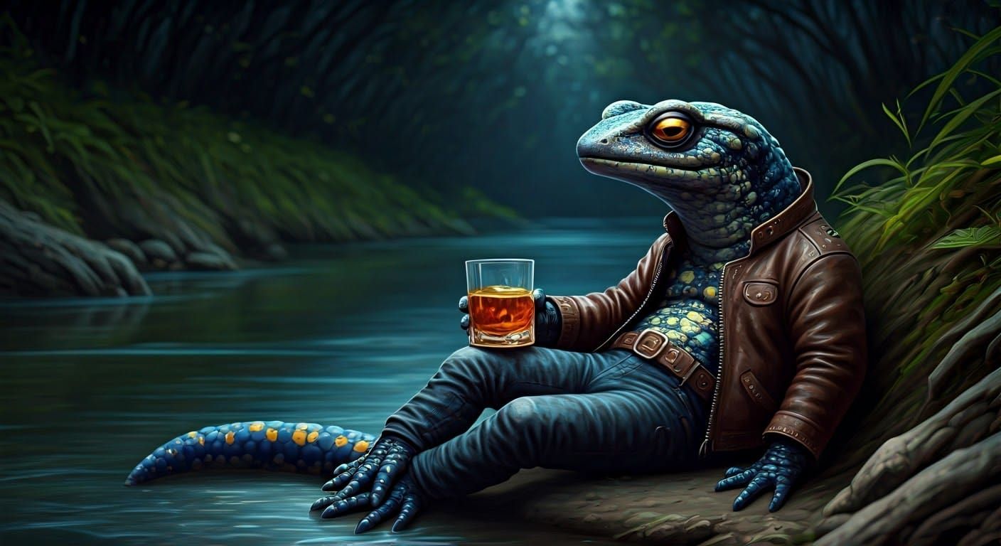 Salamander Lounging Riverbank Drinking Whiskey