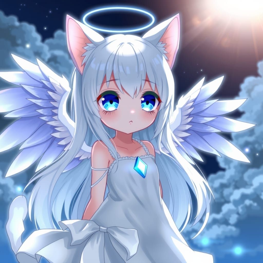 Anime Angel Catgirl with Wings in Dramatic Lighting