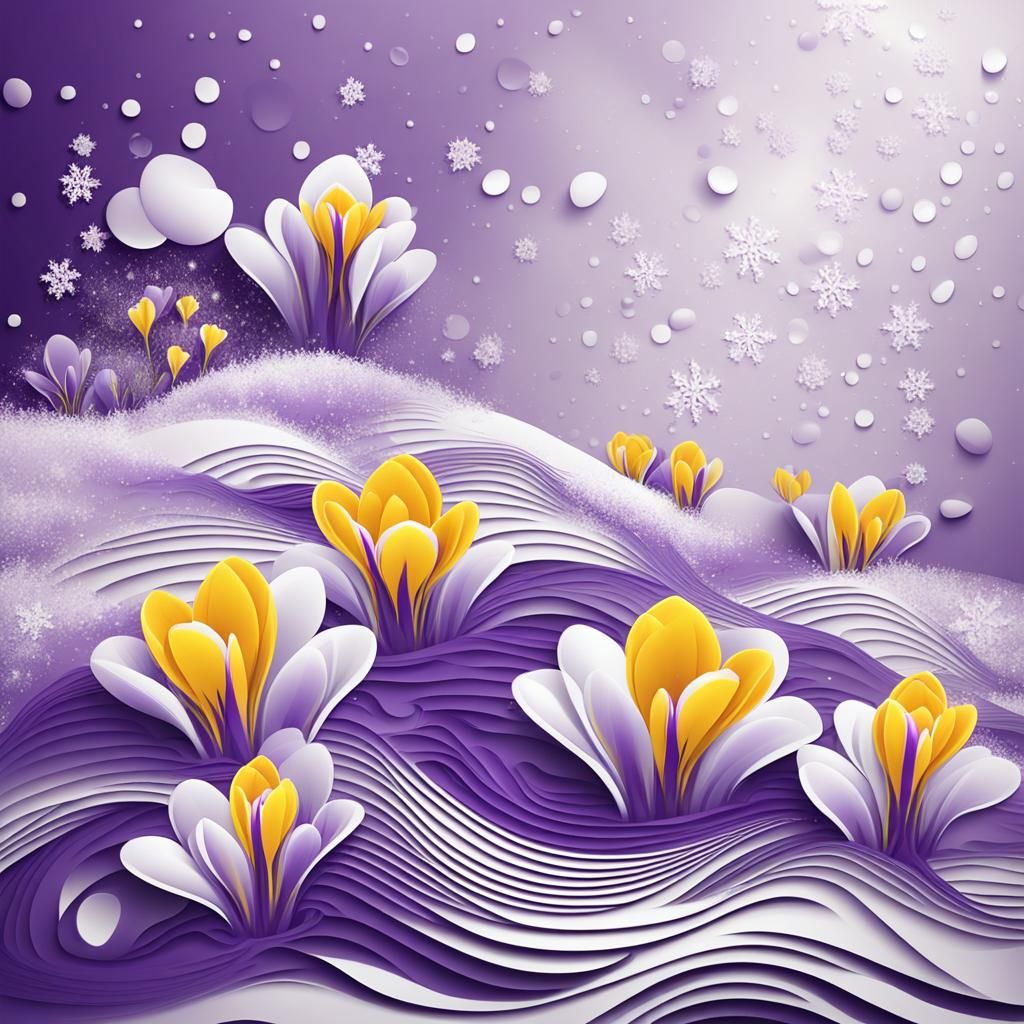 Spring Crocuses in Snow with Abstract Fractal Design