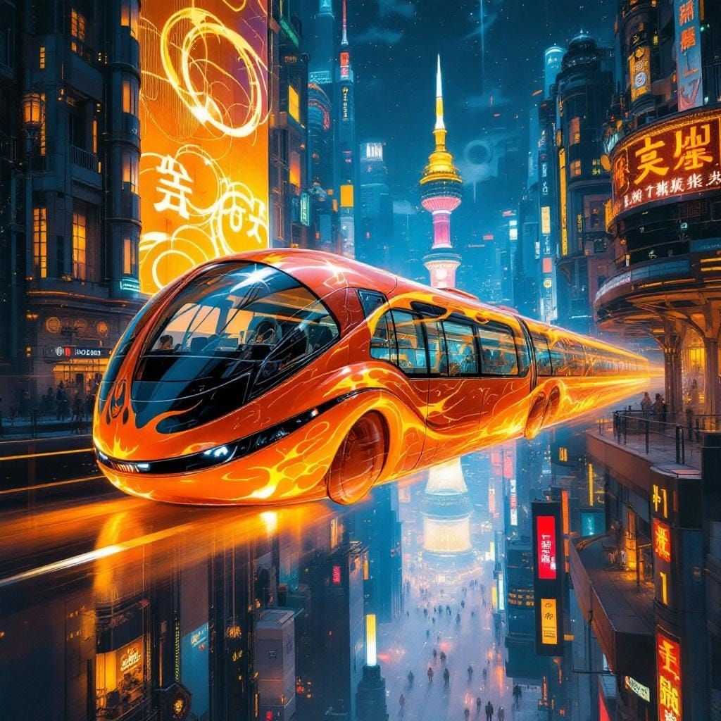 Futuristic Flying Bus in Neon Cityscape