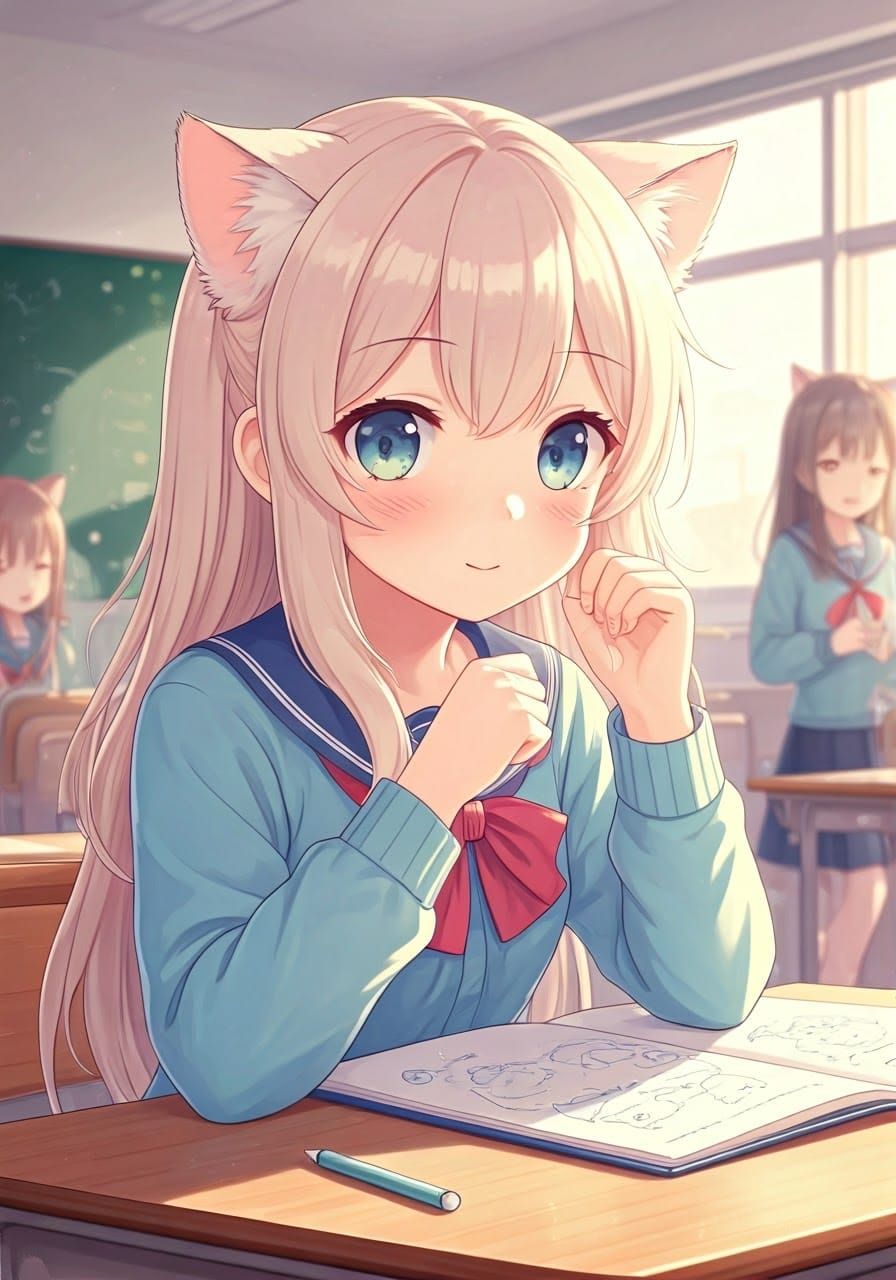 Cute Chibi Anime Catgirl Doodling in Classroom
