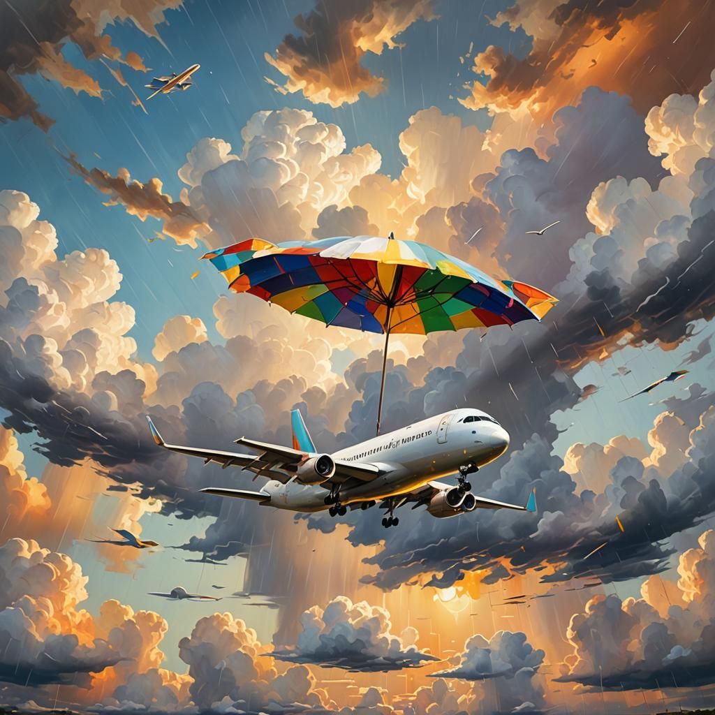 Surreal Airplane Landing in Rainy Sunset: Oil Painting