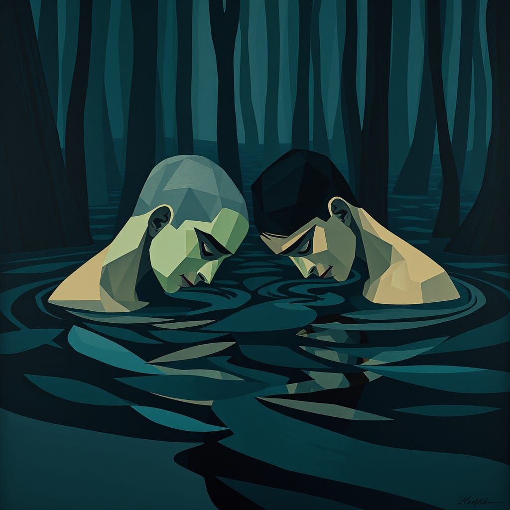 Cubist Figures in Cool Darkness