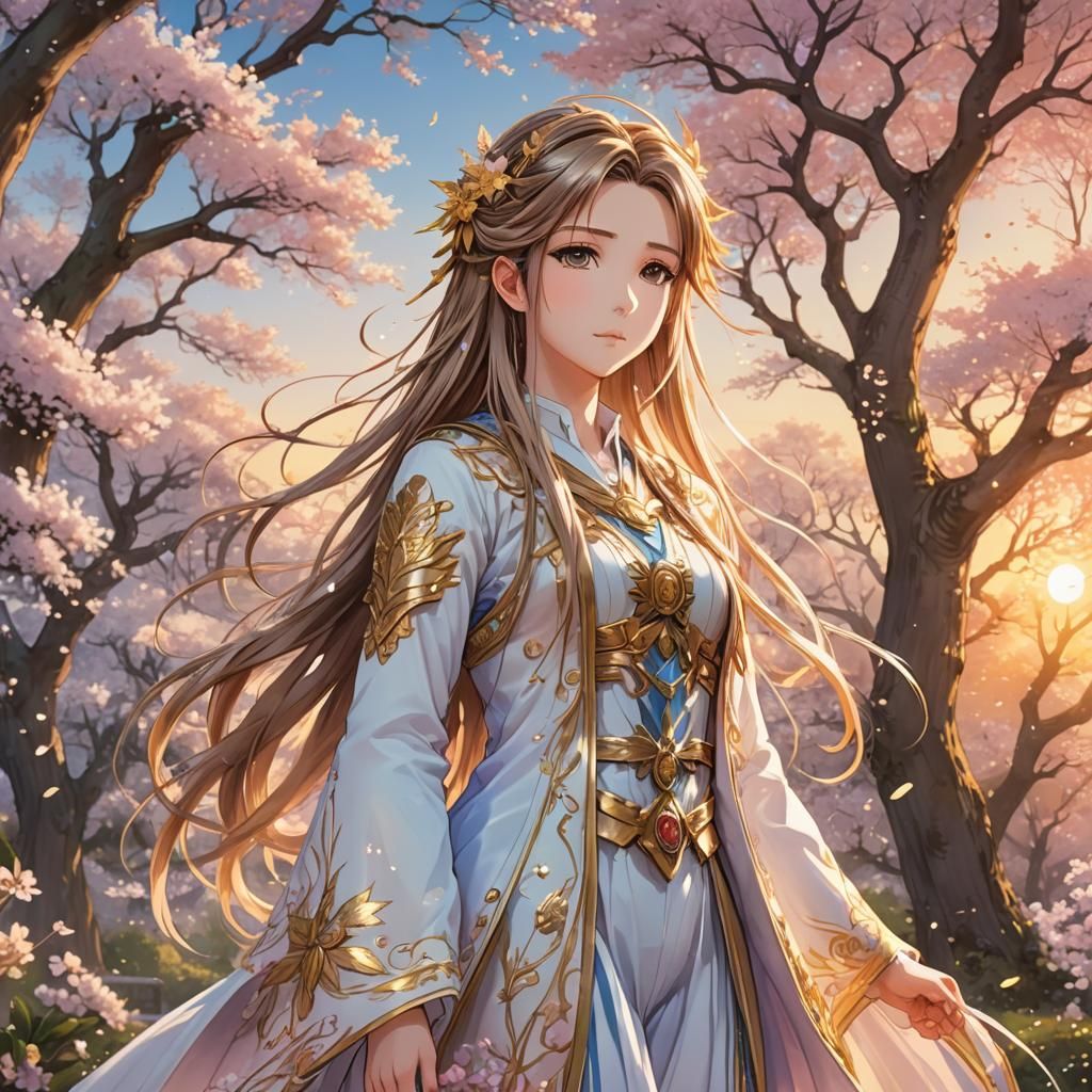 Belldandy in Manga Style Garden at Sunset