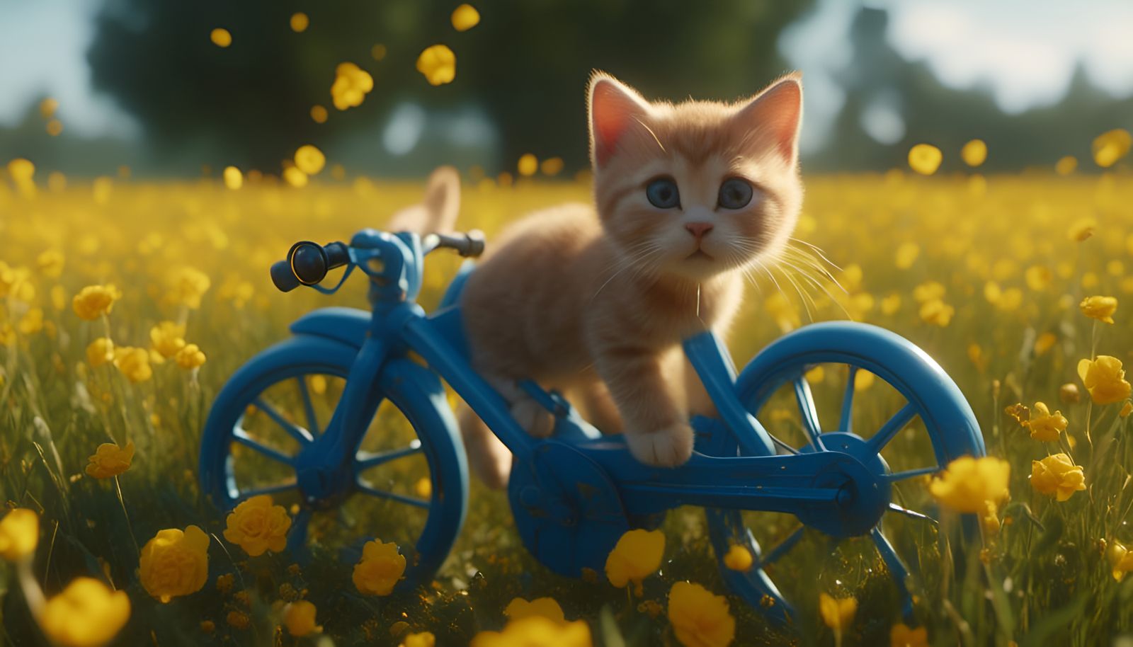 Kitten on Toy Bike Leading Yellow Kittens
