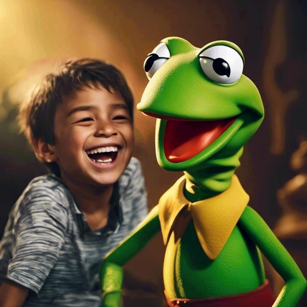 Boy Laughing with Kermit in Hyperrealistic Style