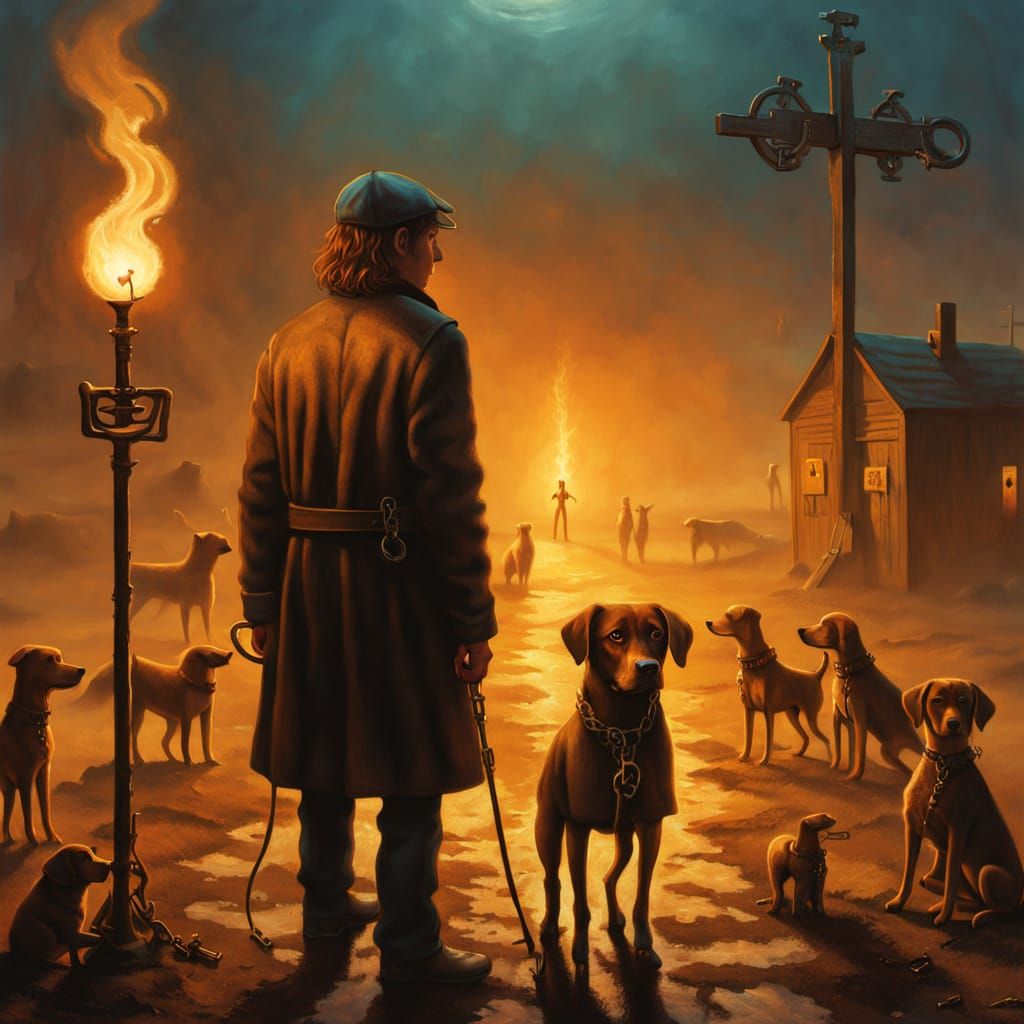 Mystical Crossroads with Torches, Keys, and Dogs in Oil