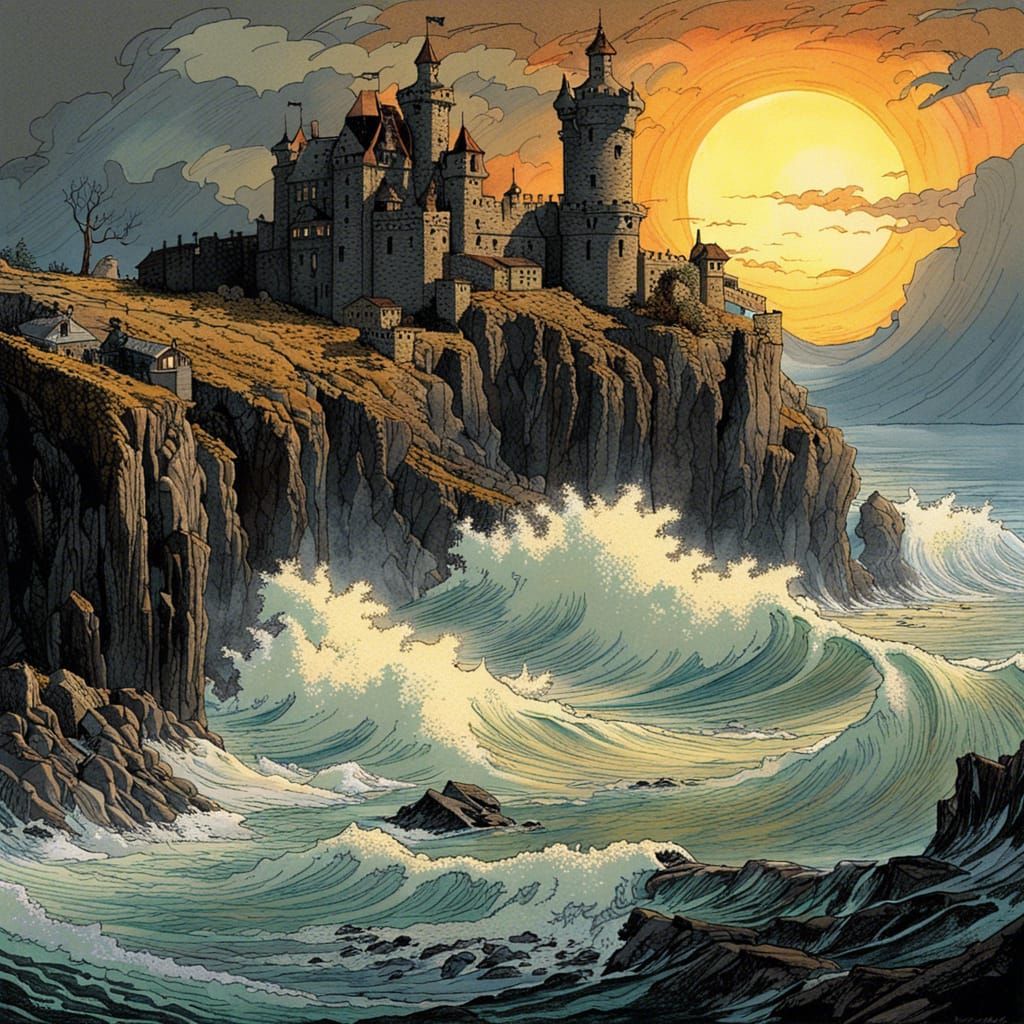 Epic Coastal Castle at Sunset, High Contrast Oil Painting