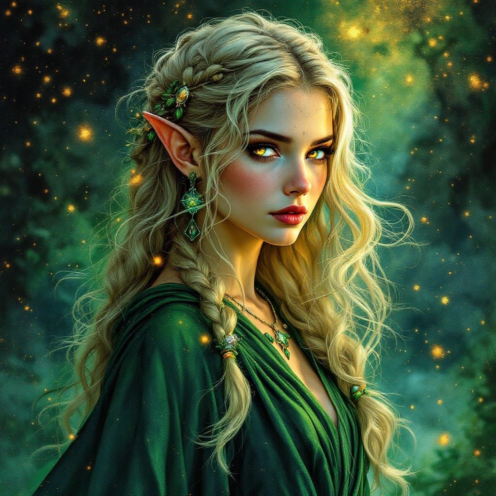 Ethereal Elven Archer-Witch in Vibrant, Hyperrealistic Art