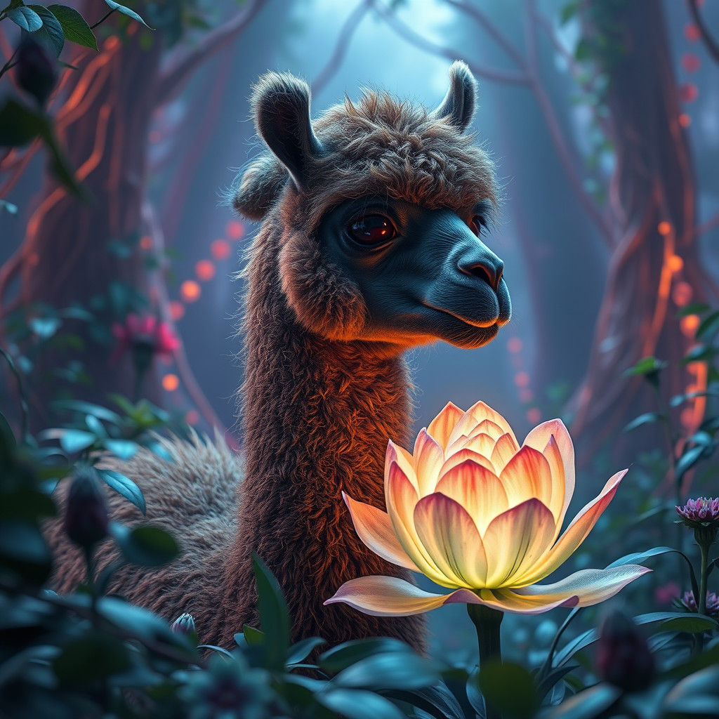 Eerie Alpaca Devouring Glowing Flower in Mystical Setting