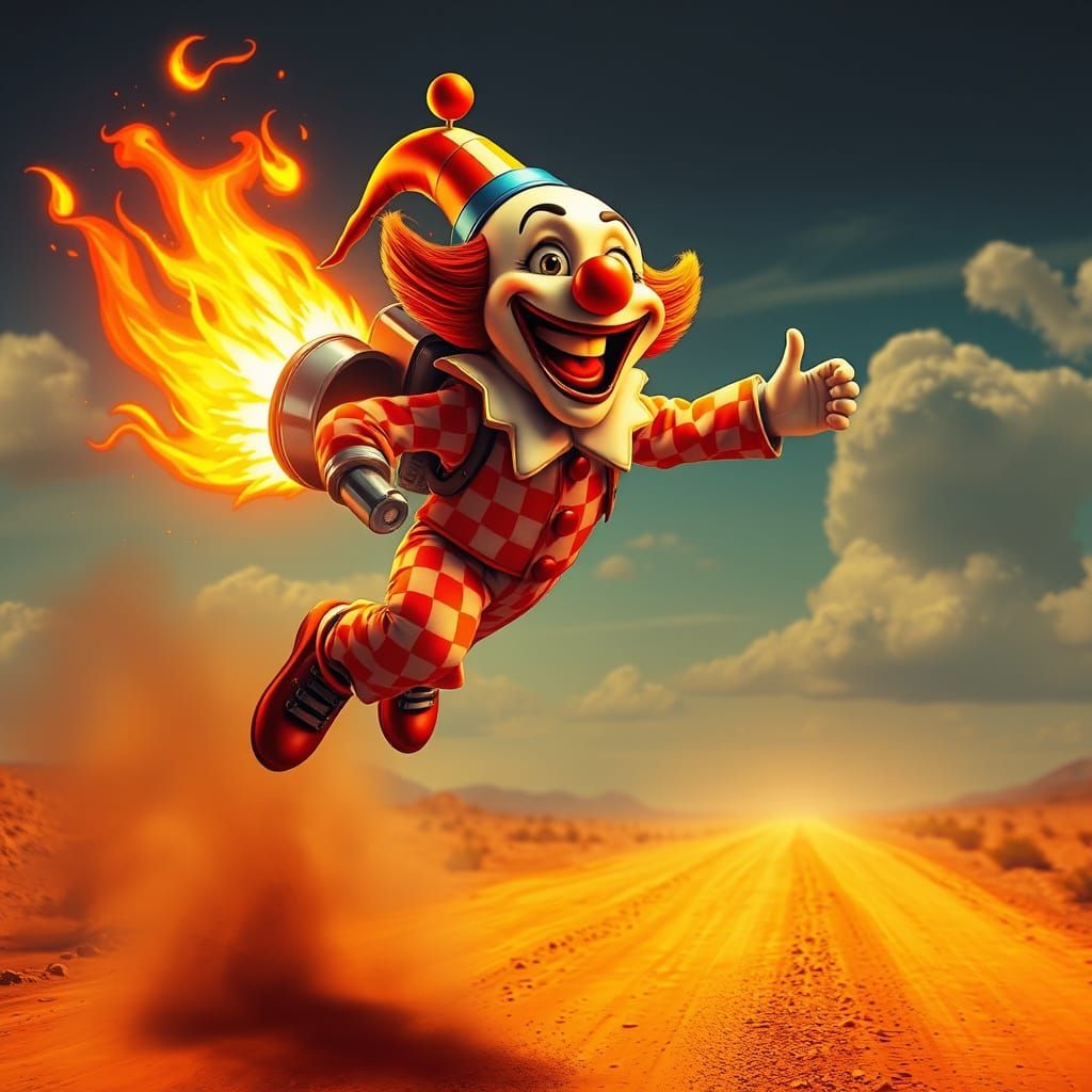 Cartoon Clown Defies Gravity with Glowing Jetpack