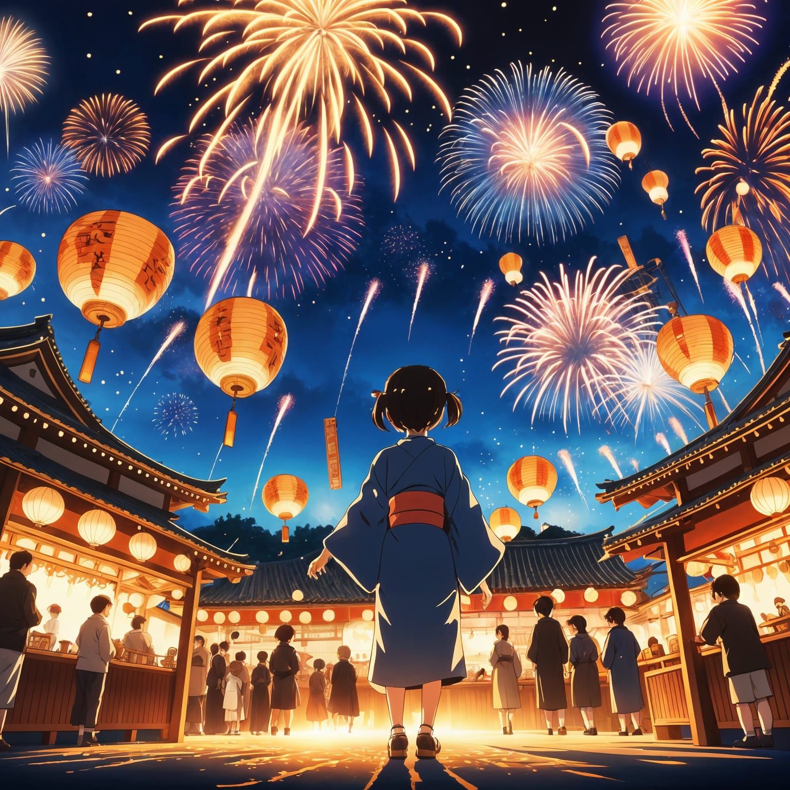 Girl Watching Fireworks at Japan New Year Festival in Anime ...