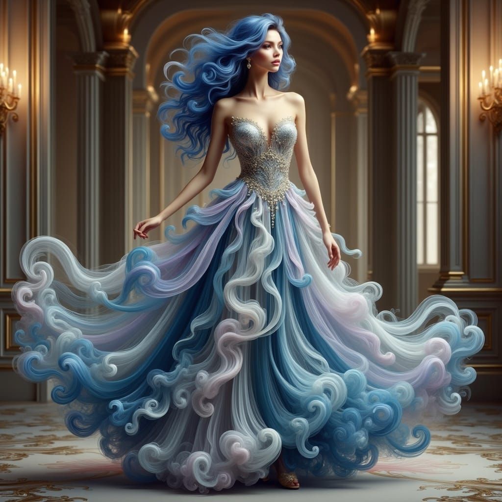 Woman in Flowing Gown in Art Nouveau Style