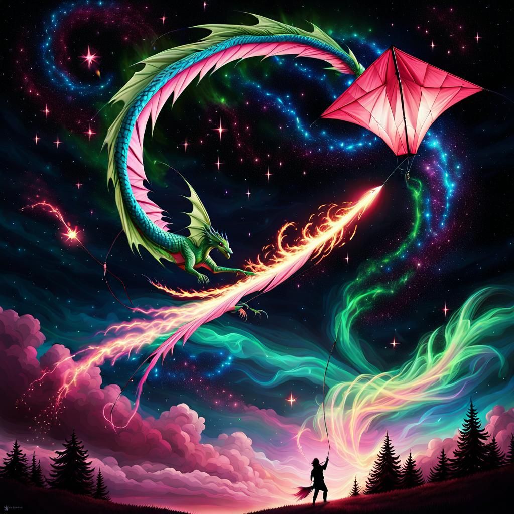 Pink Dragon Kite Soaring in Starry Sky