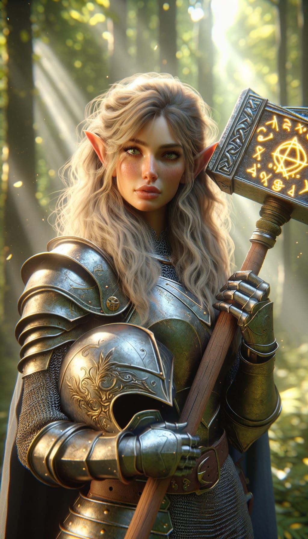 Elven Knight in Sunlit Forest, Digital Art