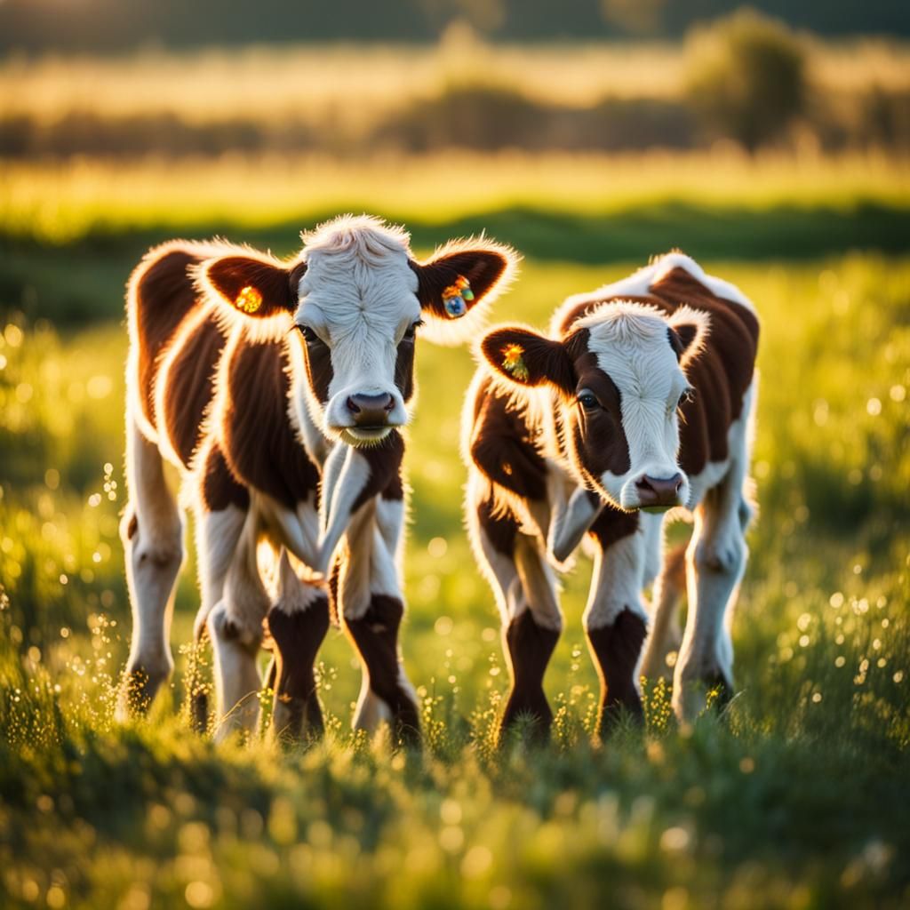 Baby Cows Play in Sunny Field: Photography