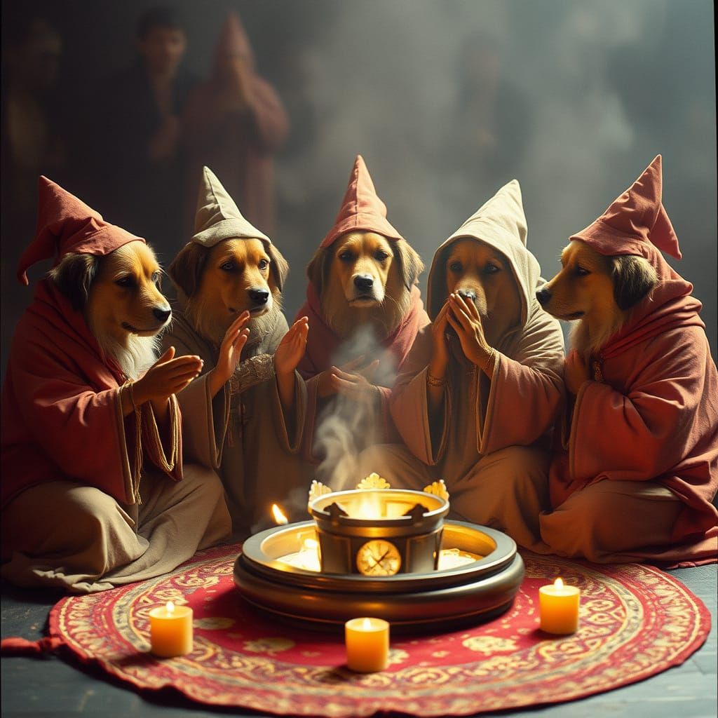 Elderly Dogs Bless a Mystical Device in Cinematic Film Still