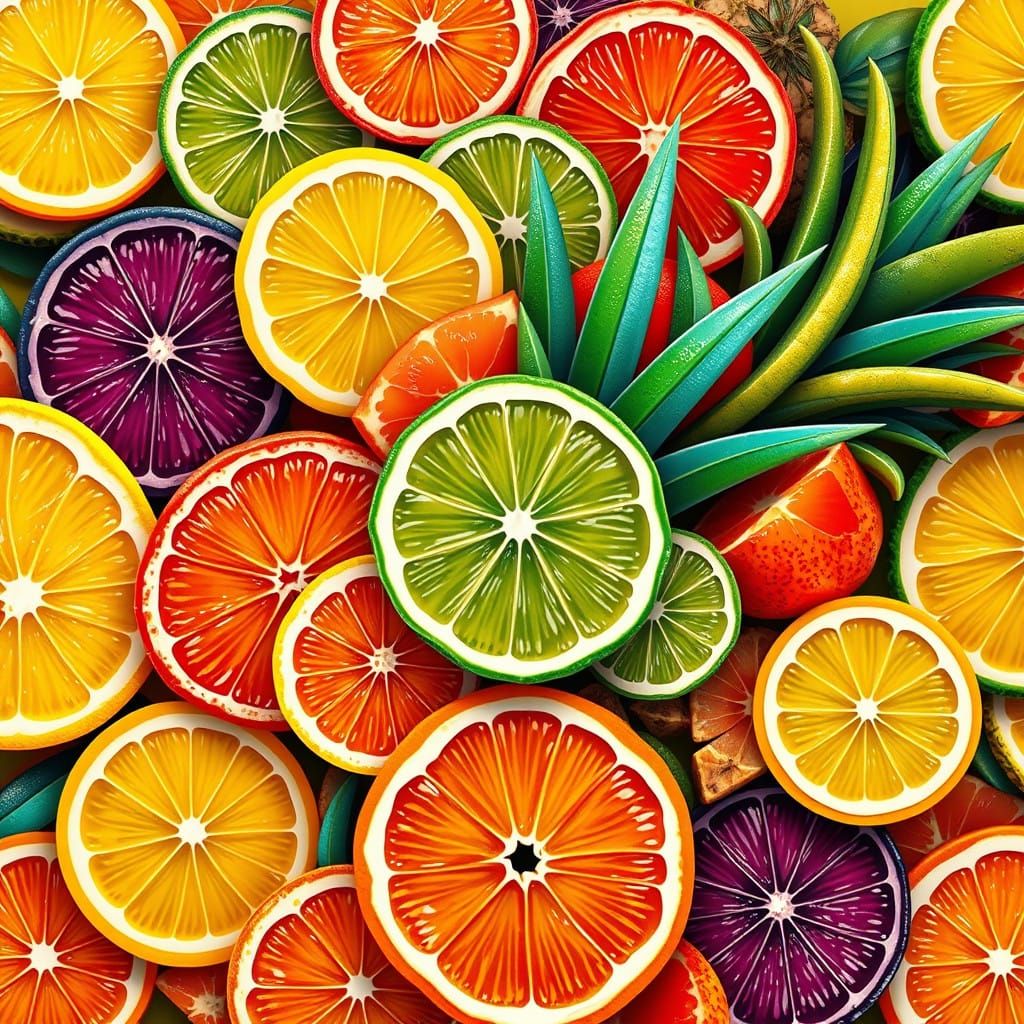 Vibrant Fruit Explosion in Cubist Style