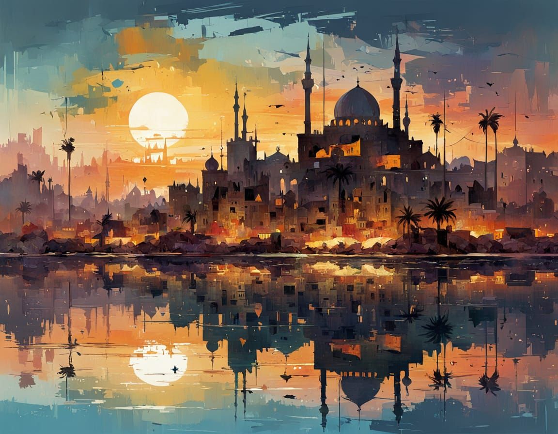Surreal Ruined Arabian Cityscape Reflected in Sunset Lake
