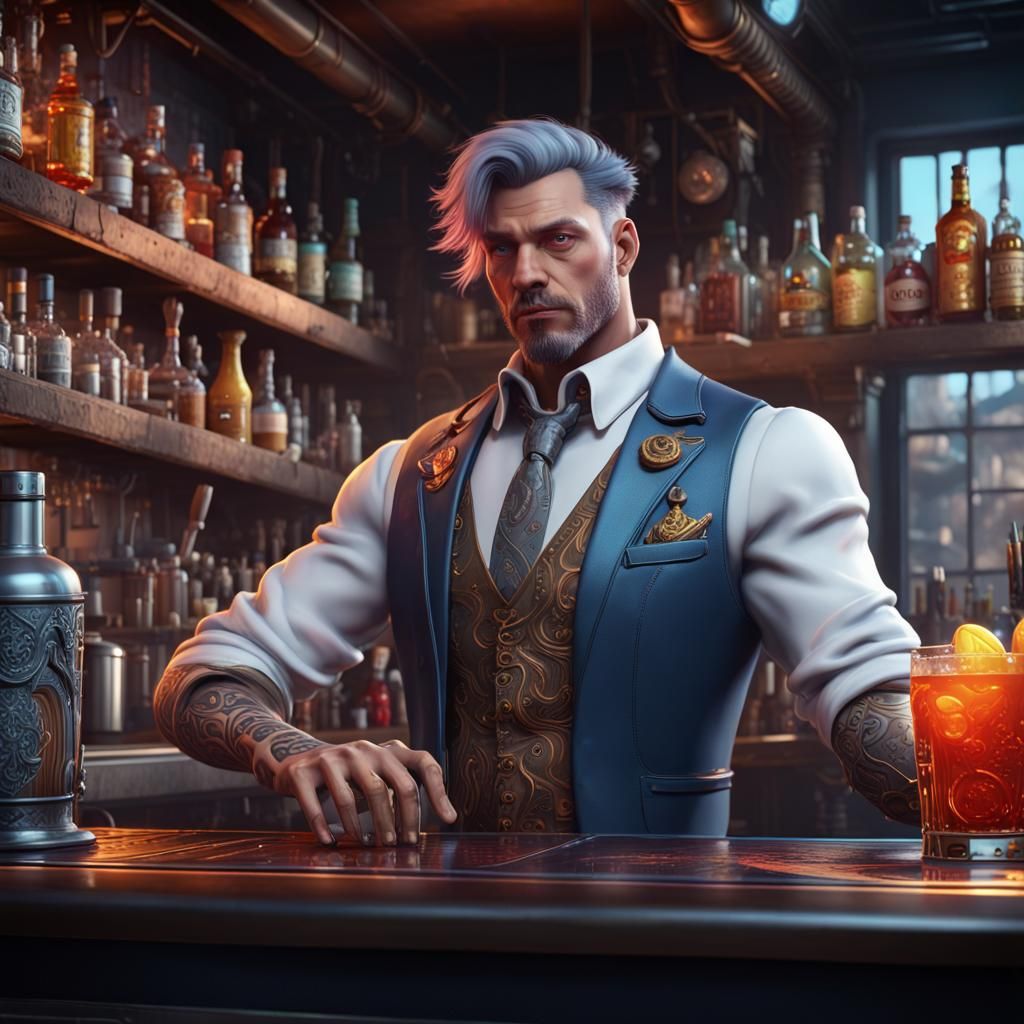 Cyborg Bartender: Detailed Fantasy Concept Art