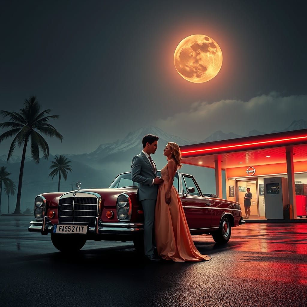 Surreal Night Scene with Dark Sun and Retro-Futuristic Petro...