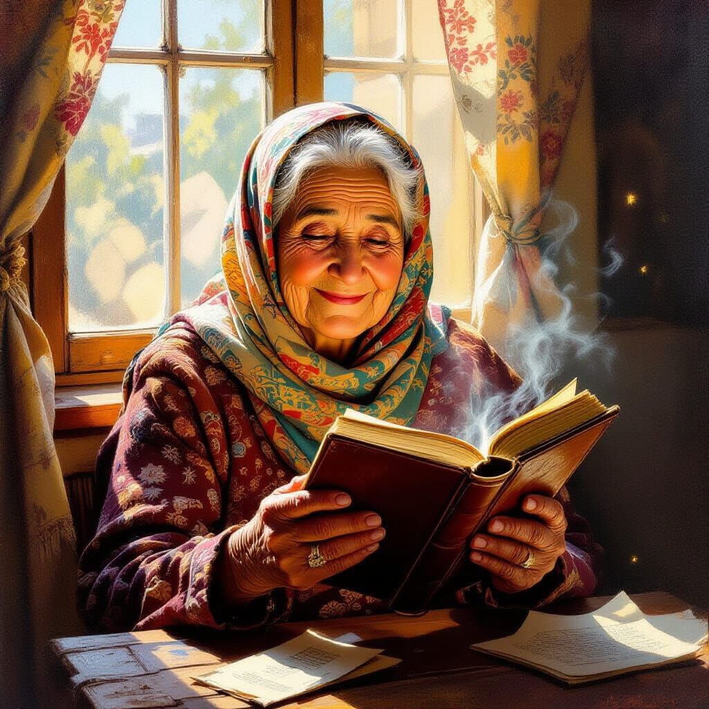 Sunlit Portrait of Elderly Woman Reading