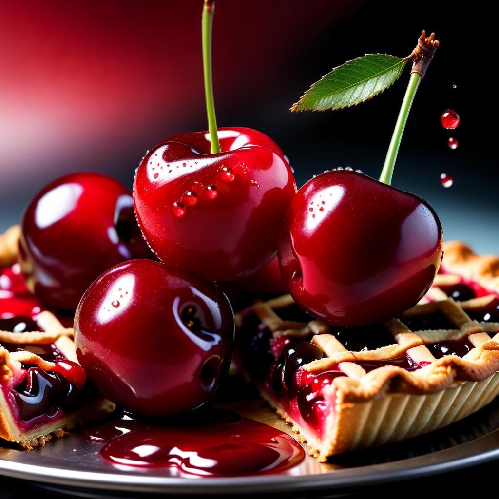 Bird Eating Cherry Pie: Hyperrealistic Splash Art