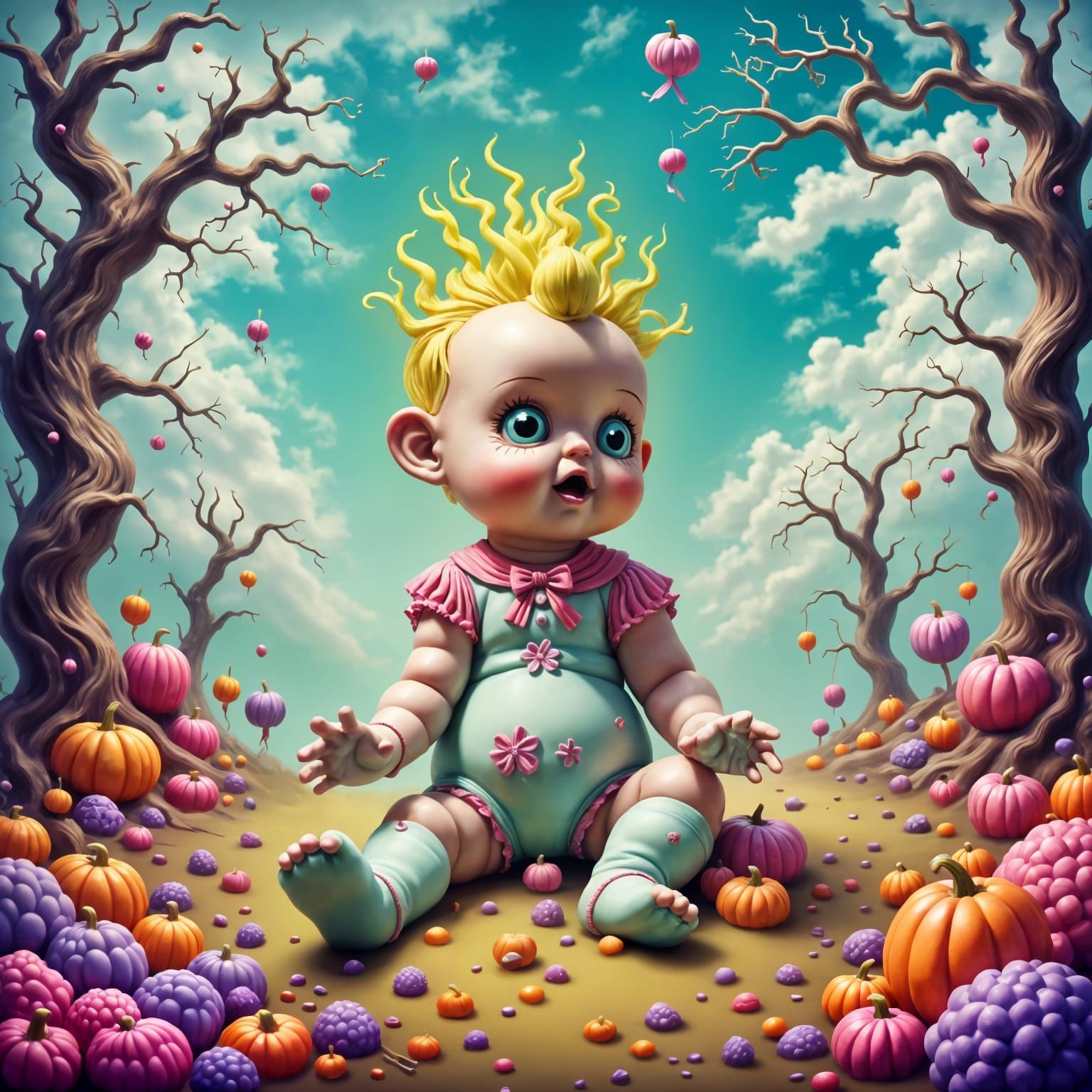 Haunted Candyland Wonderland in Vibrant Gouache Swirls