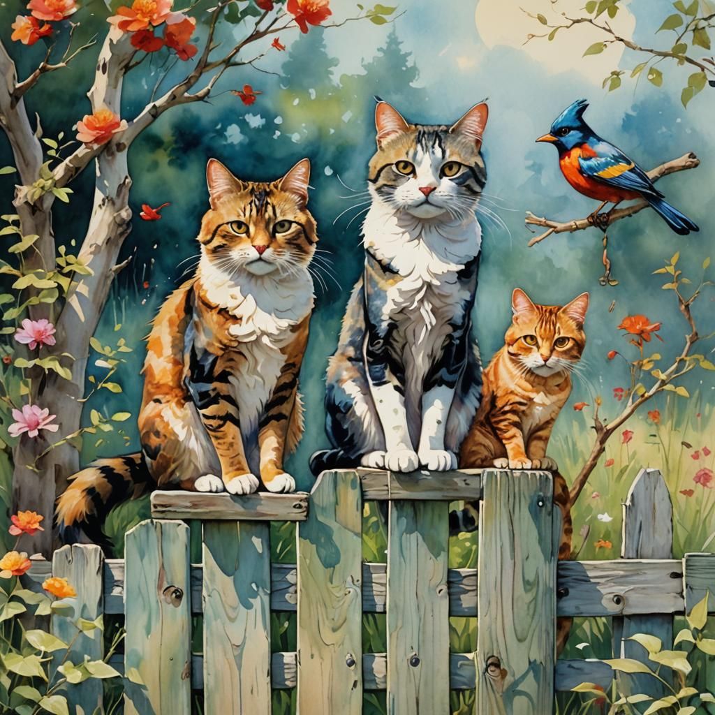 Whimsical Cats on Fence in Asian Impressionistic Style