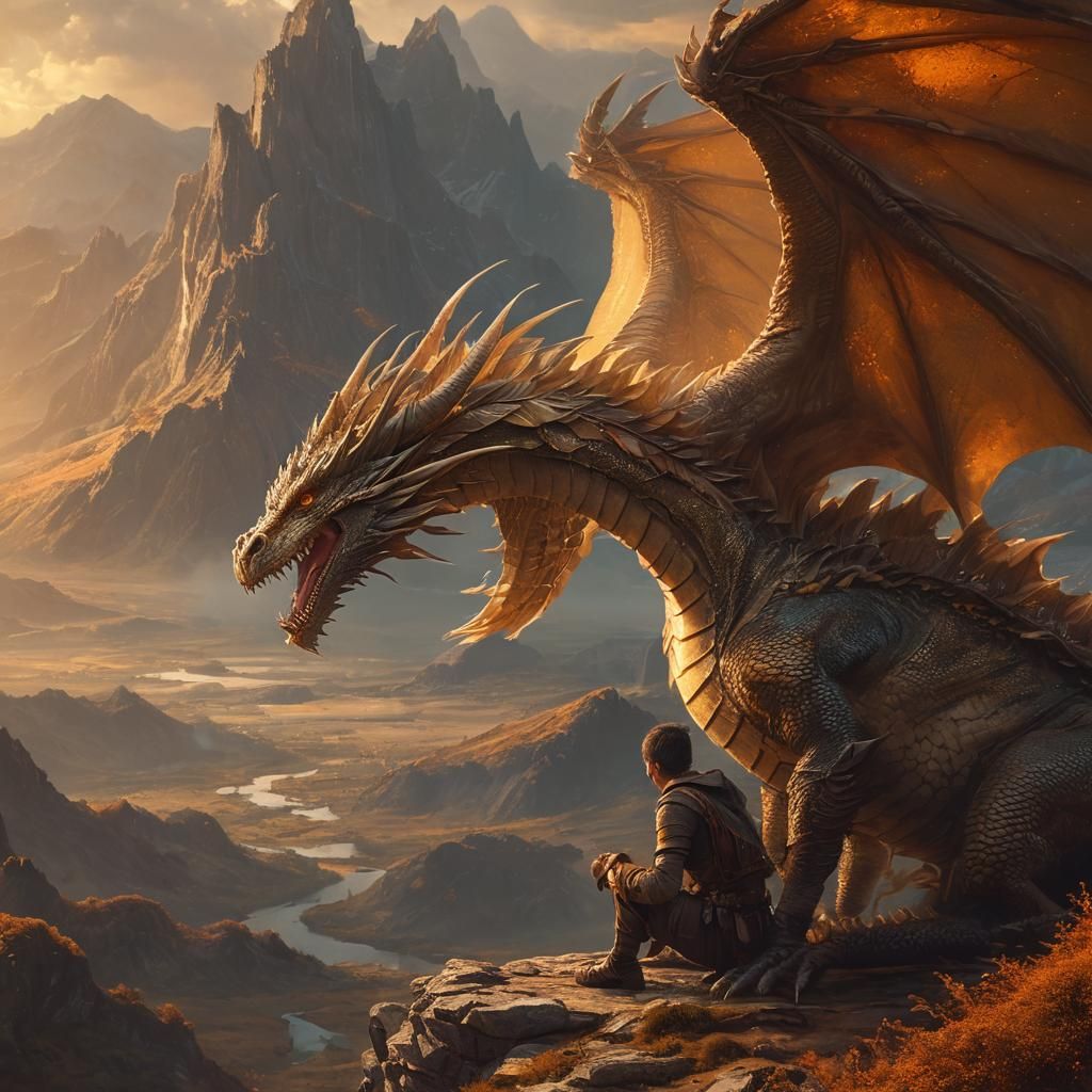 Dragon Rider in Golden Light Fantasy Landscape