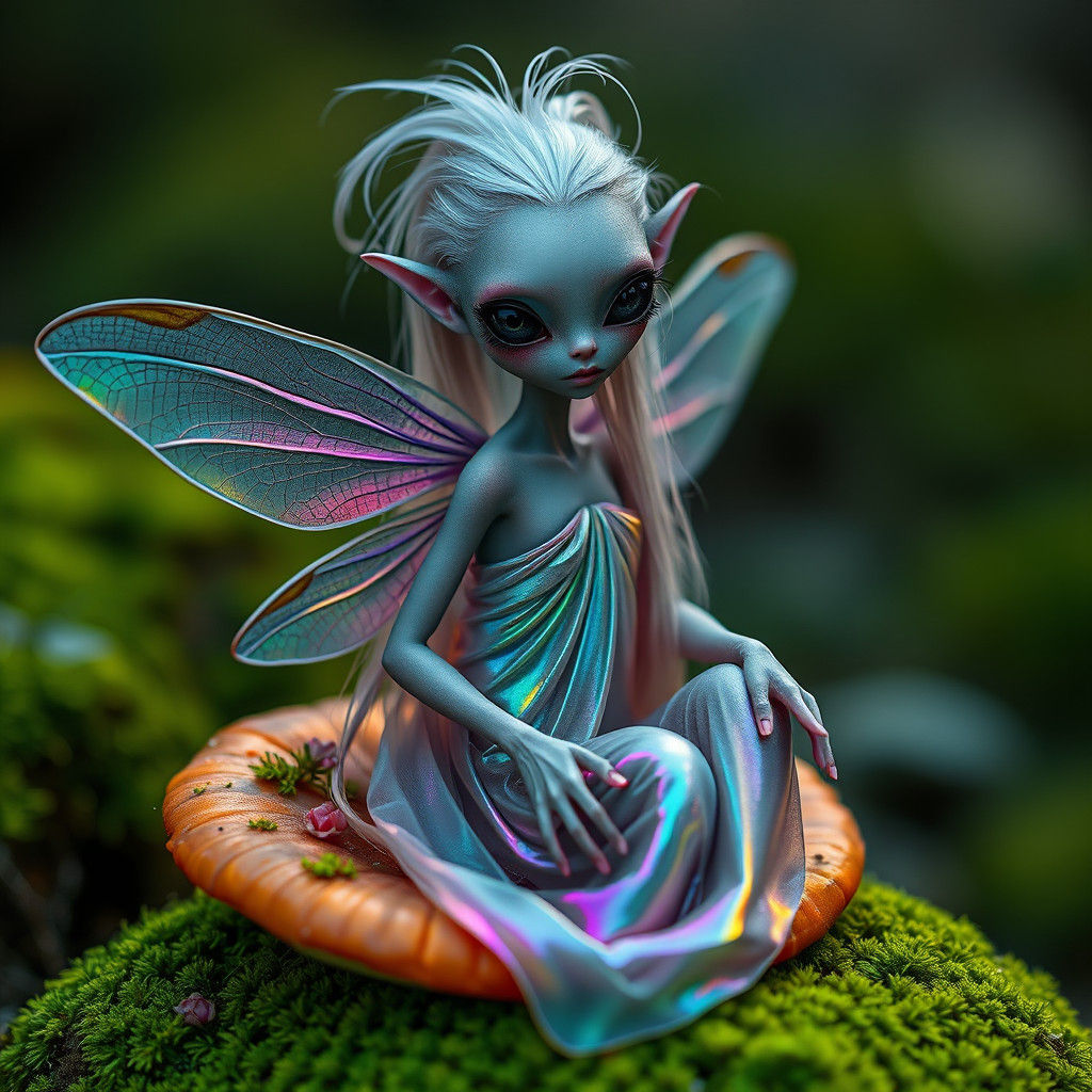 Alien Fairy on Mushroom, Hyper-Realistic Portrait
