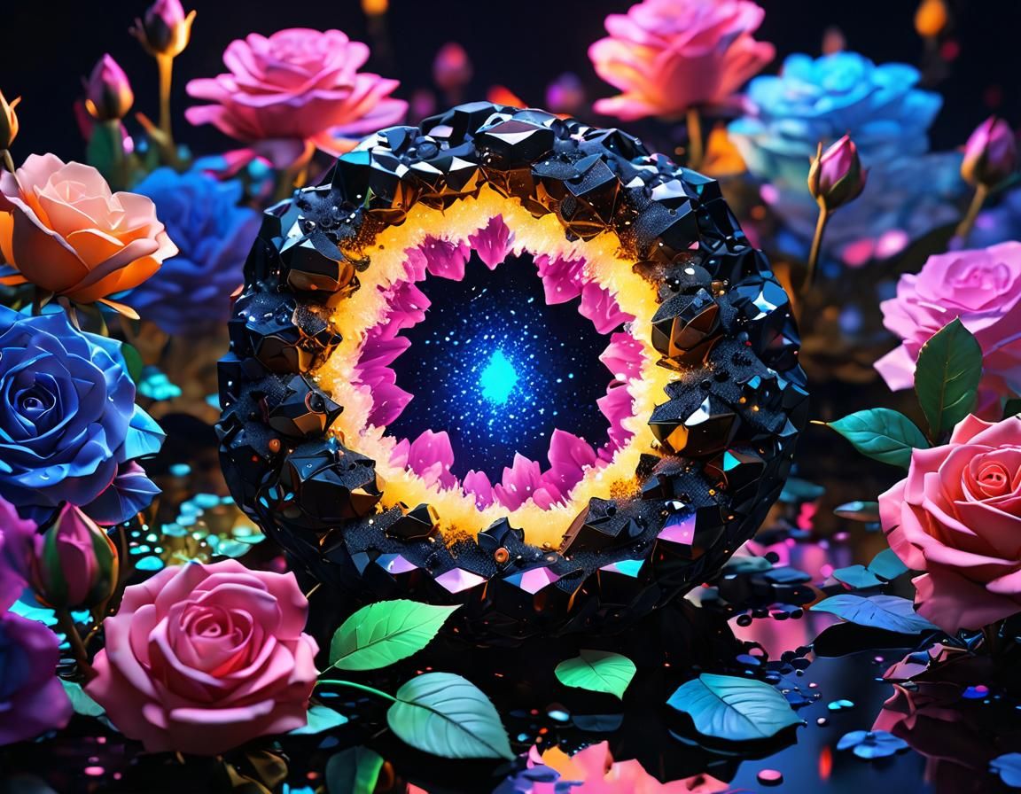 Neon Crystal Geode in Holographic Watercolor