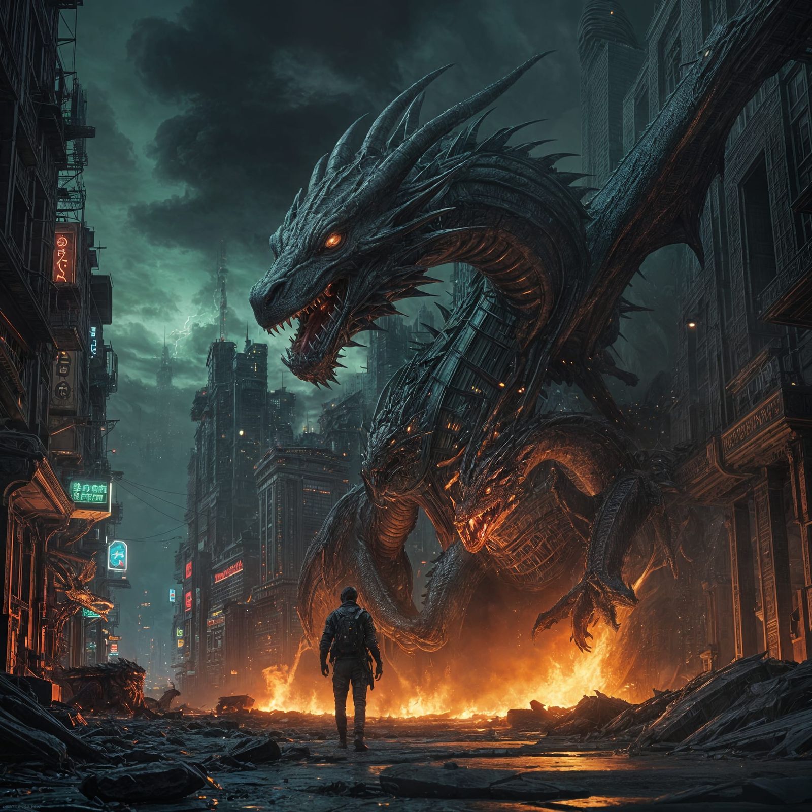 Bioluminescent Dragon Descends on Futuristic City