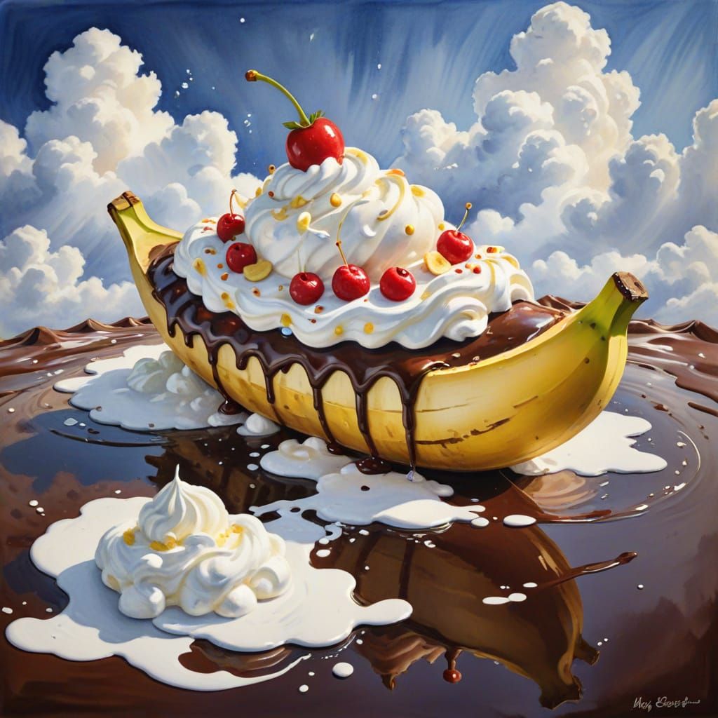Whimsical Banana Split Boat in Watercolor Style