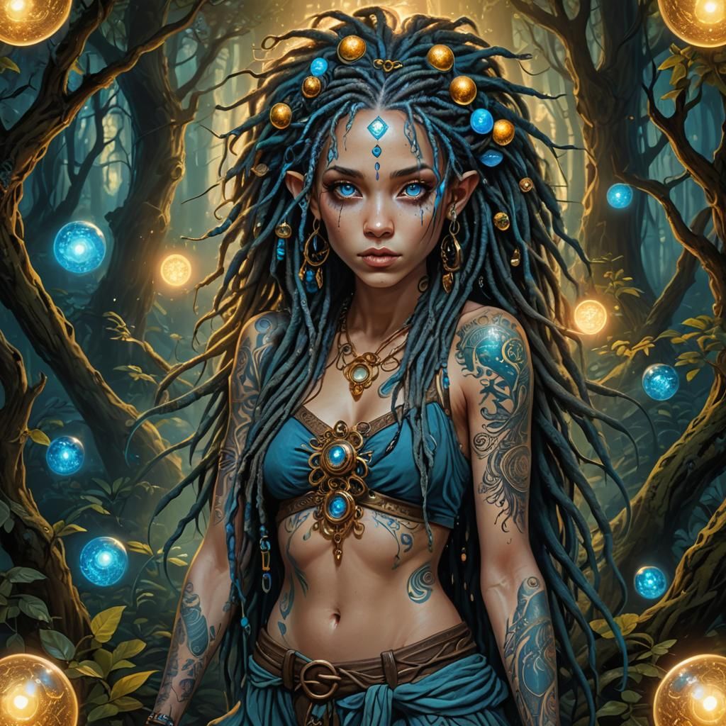Pixie Girl with Tattoos in Bioluminescent Forest