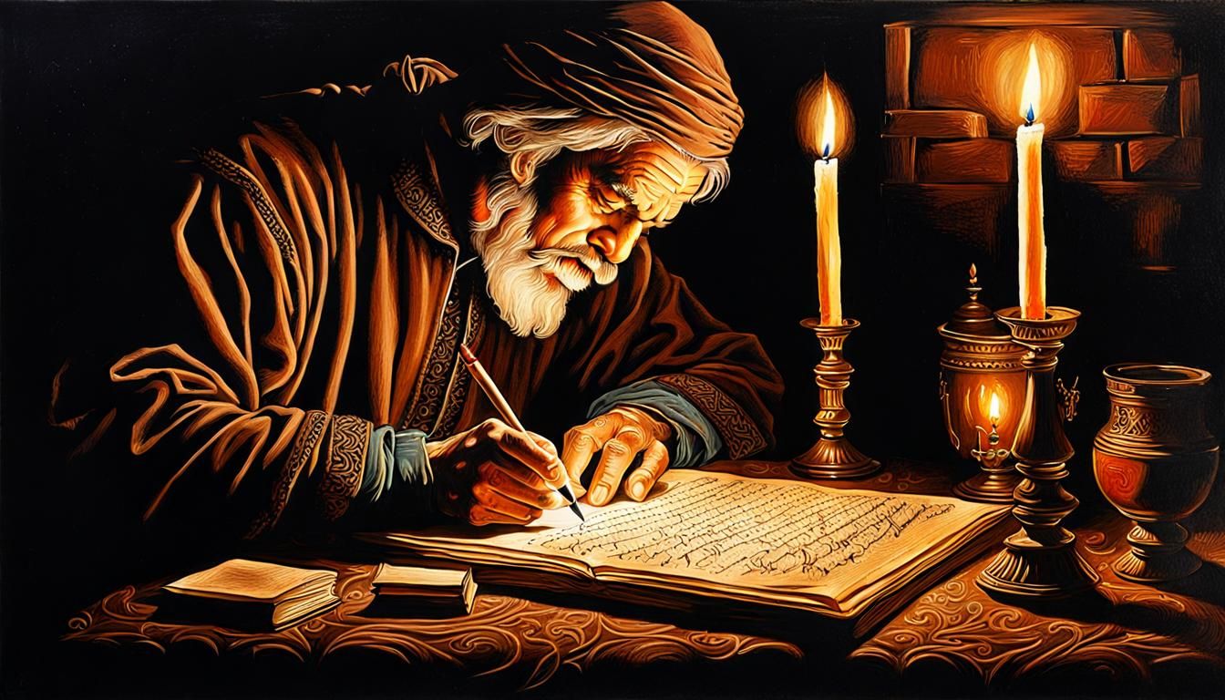 PHOTO, LEONARDO DIVINCI WRITING BY CANDLE LIGHT, INTRICATE DETAIL, HYPER REALISM, DEEP COLOR,