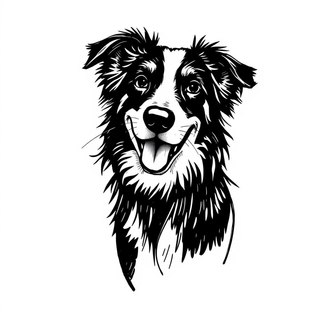 Expressive Border Collie in Whimsical Line Drawing Style