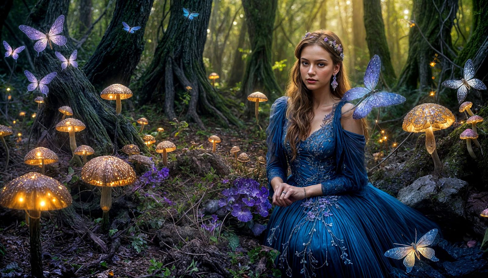 Luminous Fairy and Dragonflies in Enchanted Forest