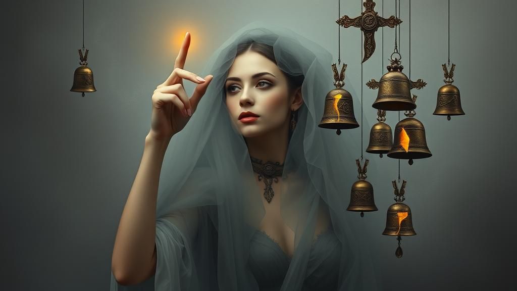 Mystical Woman Rings Cracked Bells in Surreal Dreamscape