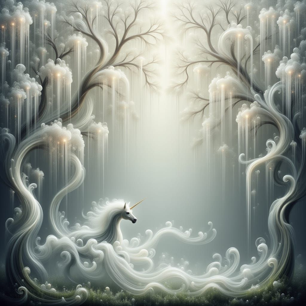 Ethereal Unicorn Formed by Swirling Willow Branches in Misty...