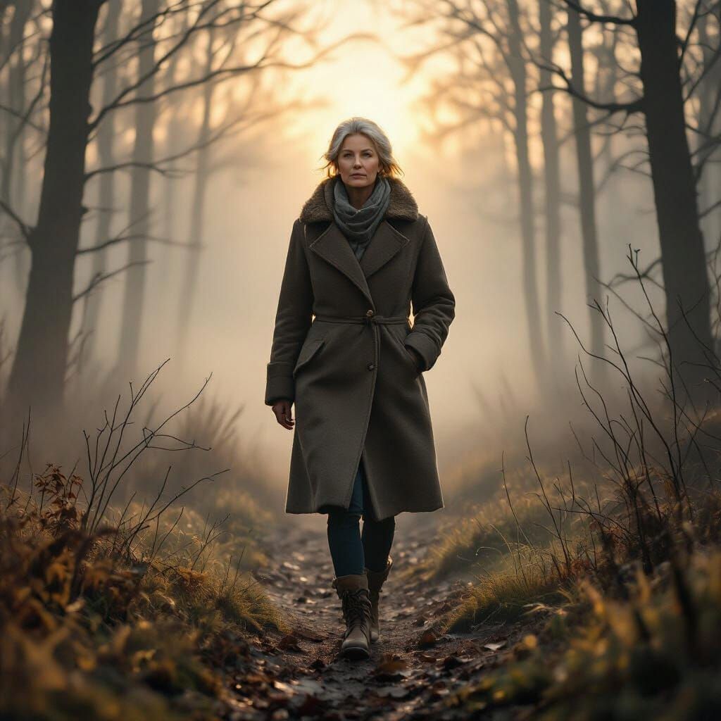 Woman's Resilience In Misty Forest At Dawn