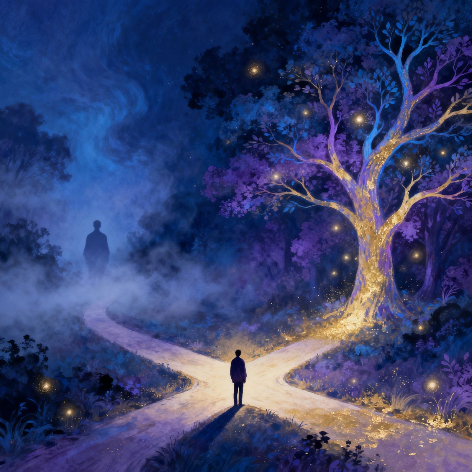 Fate vs Free Will Crossroads in Surrealist Style