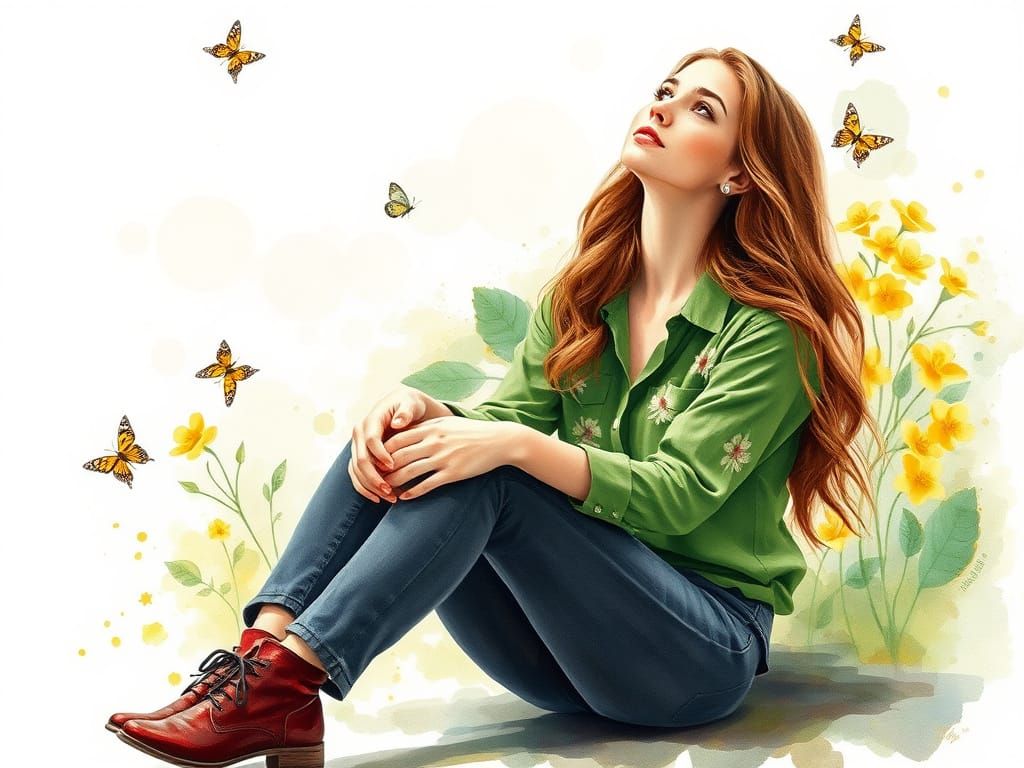 Ethereal Watercolor Portrait of a Young Woman in a Floral La...