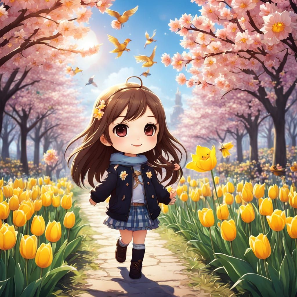 Vibrant Chibi Spring Scene in Anime Style