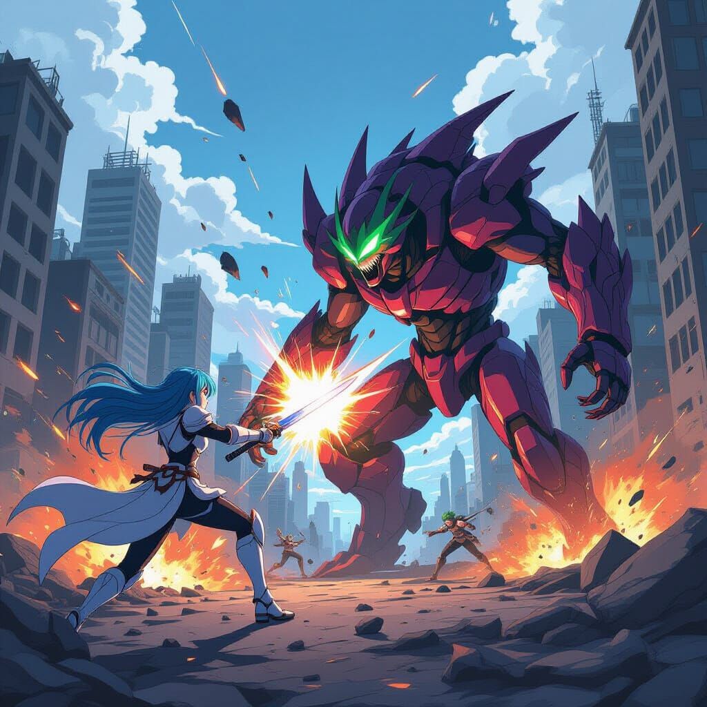 Anime Battle: Warrior vs Alien in Cityscape